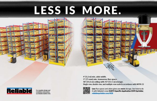 Thumbnail for a full spread advertisement of the N28, featuring a 3-D render of dense warehouse shelves and the "Less is More" slogan.